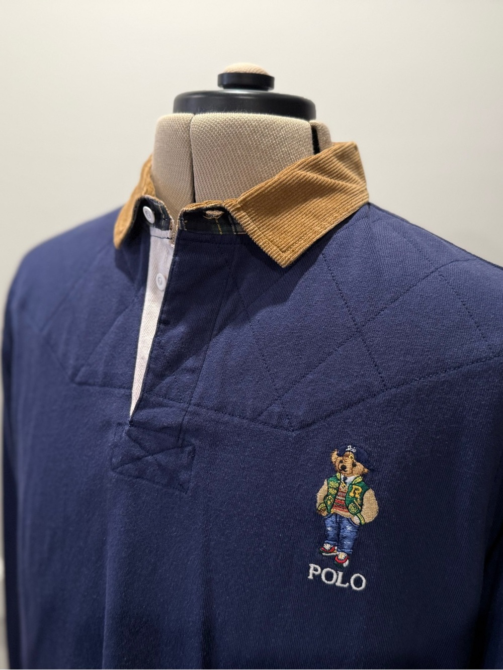 Polo by Ralph Lauren Bear Navy Long-Sleeve Rugby Shirt with Tan Corduroy Collar